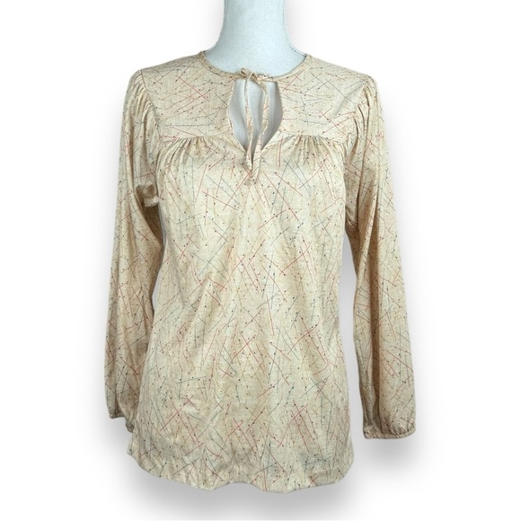 Vintage Dead Stock Pretty Tops Geometric Line Print Cream Blouse Keyhole Neck - Picture 9 of 9
